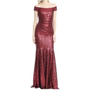 Badgley Mischka Burgundy Off Shoulder Sequin Gown